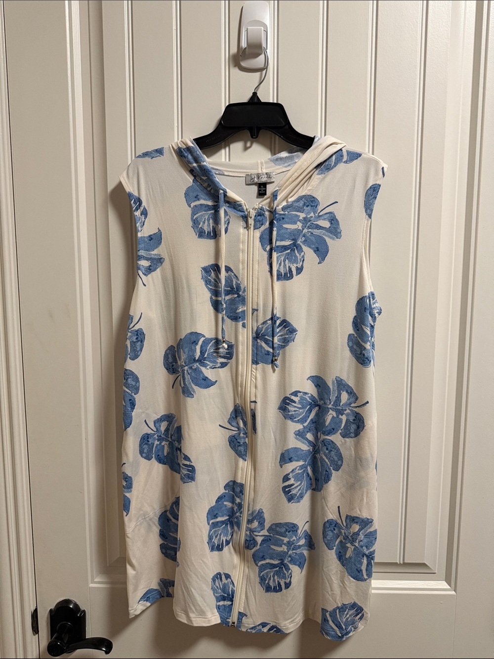 Gilli Cream Sleeveless Zip Hoodie Dress with Blue Leaf Print…Swimsuit Coverup